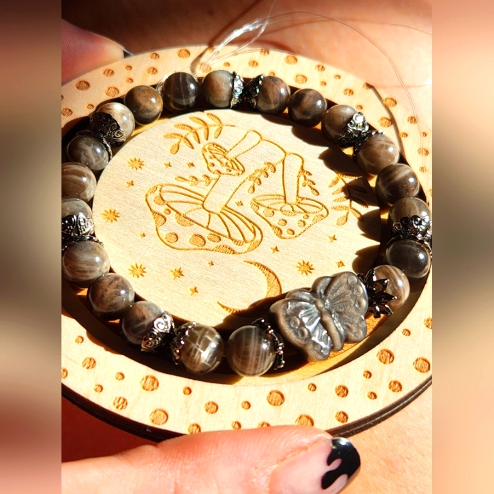 Stunning Skeletal Moonstone and Silver Obsidian Butterfly Beaded Stretch Bracele - Picture 1 of 6